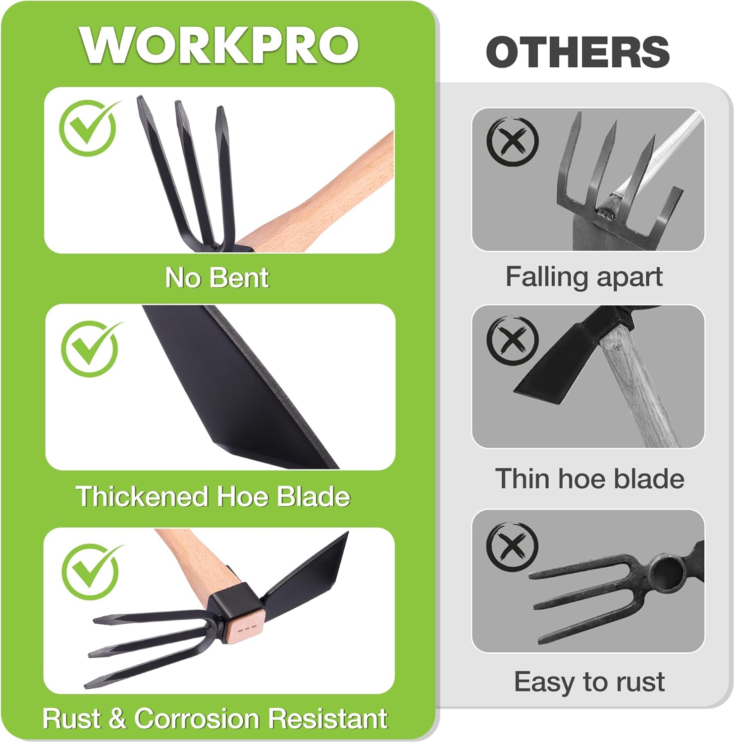Green 14 WORKPRO Hoe and Cultivator Garden Rake with 14 Wooden Handle, Sharp Hoe Blade & Sturdy 3 Claw Tiller, 2-in-1 Heavy Duty Gardening Hand Tools for Digging, Loosening Soil, Weeding, Cultivating